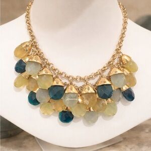 Talbots Gold Tone Teardrop Stone Statement Necklace Blue Yellow Bib